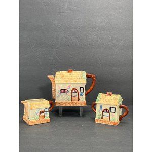 Vintage Cottage Ware Tea Set 3 Piece Set Teapot Sugar Creamer Lidded 40s